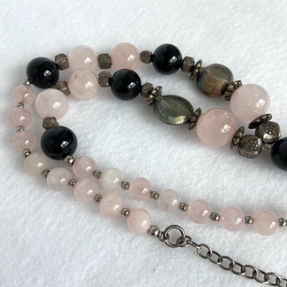 Sterling Silver 925 Rose Quartz Black Onyx Beaded Y Necklace 18.5" 81g Stone - Picture 12 of 16